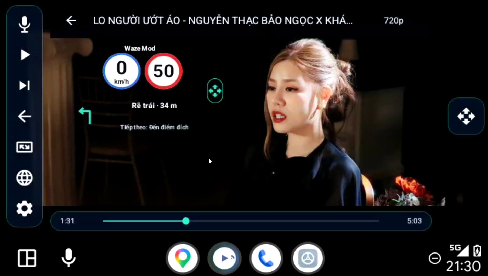 Giao diện YouTube trên CarView AA kết hợp tốc độ và chỉ dẫn Waze Mod
